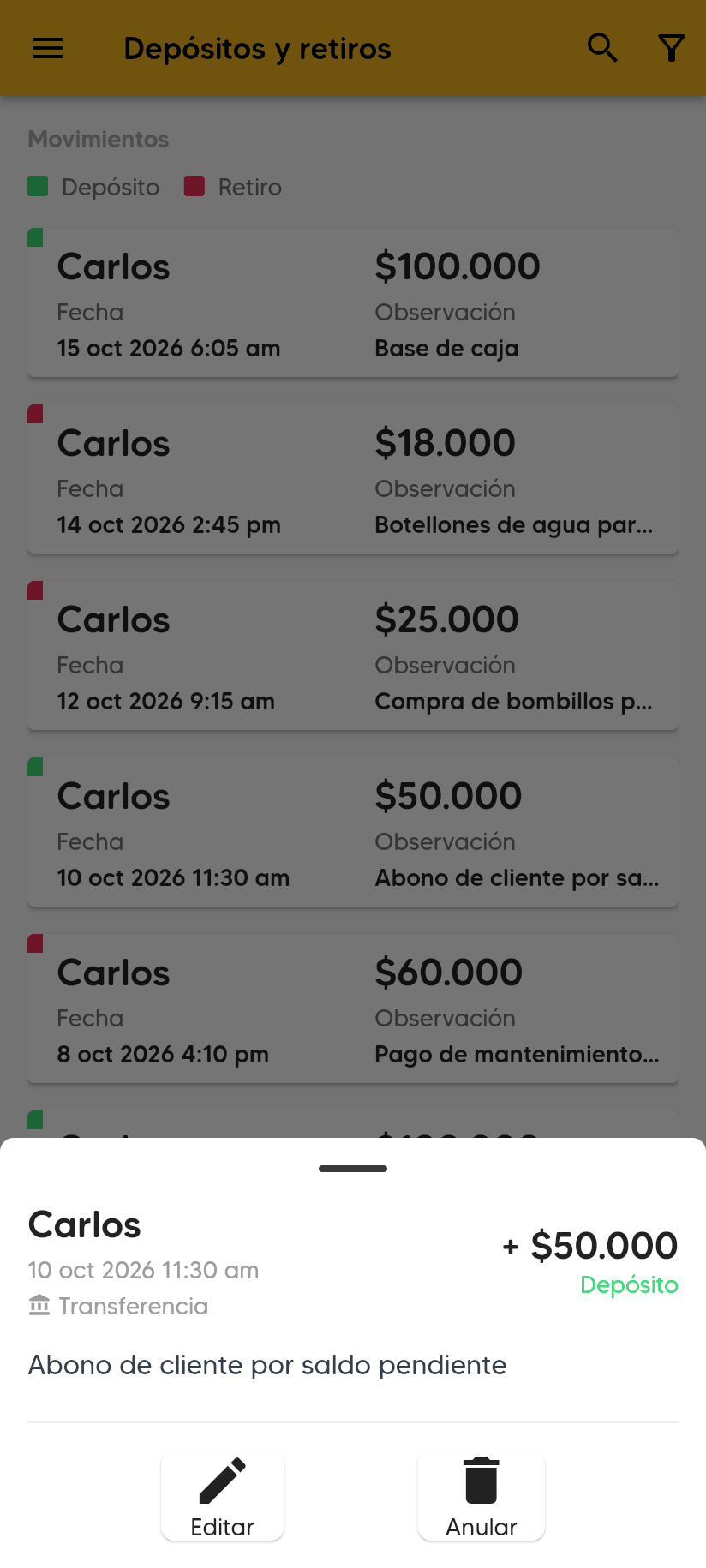 Detalle de un movimiento: Carlos, la fecha, Transferencia, + $50.000, Depósito, la observación y los botones Editar y Anular.