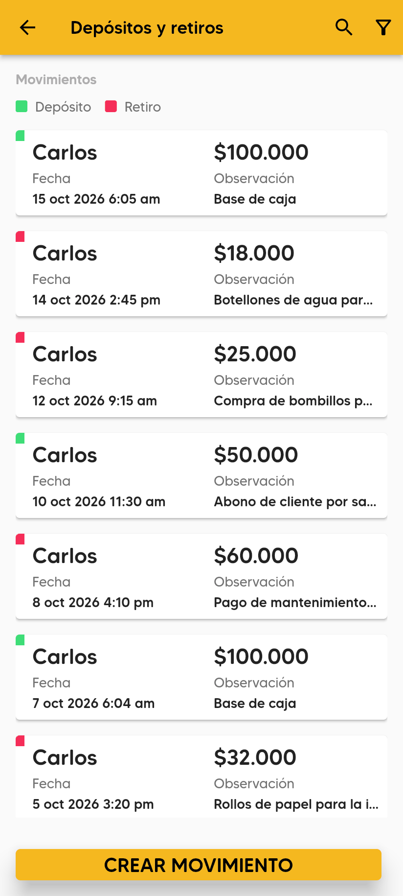 Pantalla Depósitos y retiros con la leyenda Depósito y Retiro, la lista de movimientos con nombre, fecha, valor y observación, y el botón CREAR MOVIMIENTO.