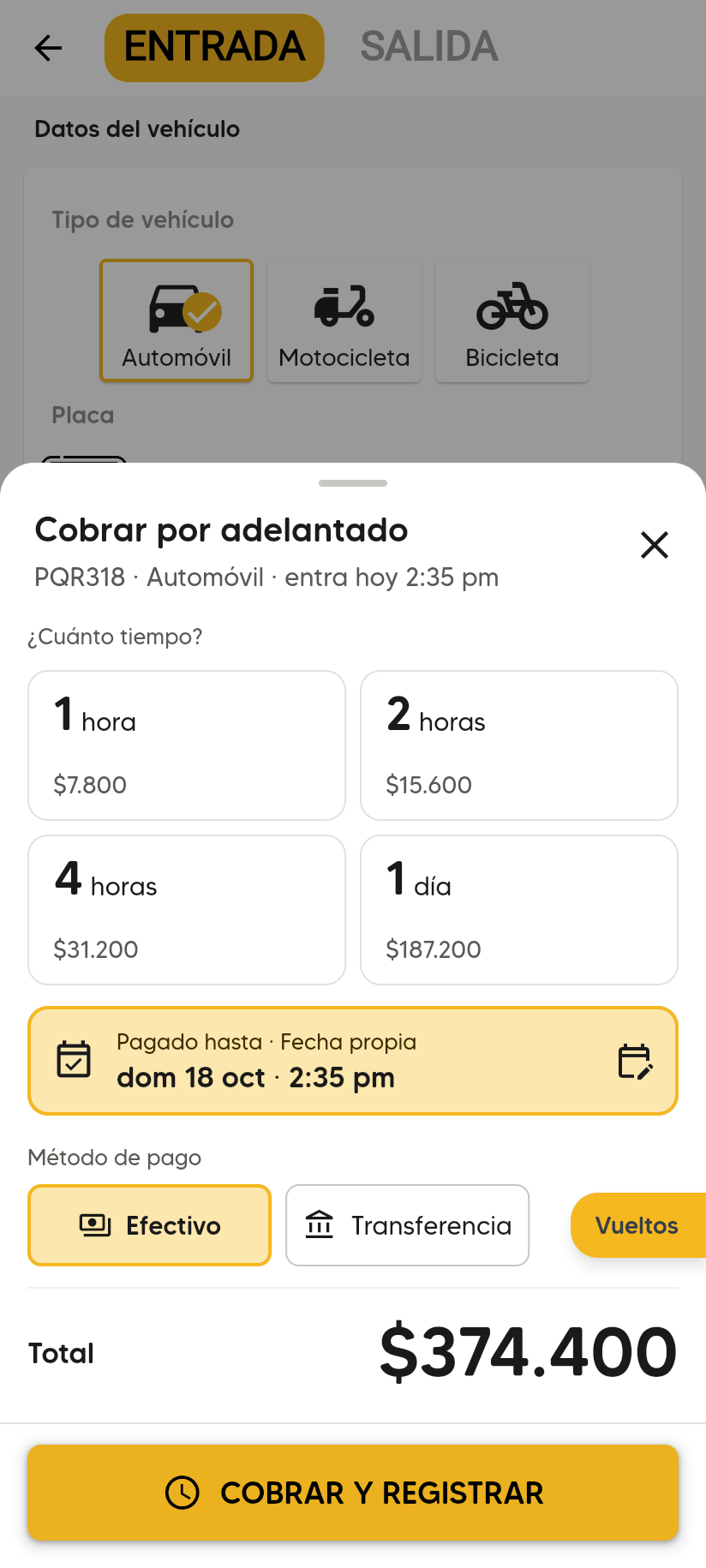 Hoja Cobrar por adelantado con Pagado hasta · Fecha propia dom 18 oct 1:43 pm y Total $374.400.