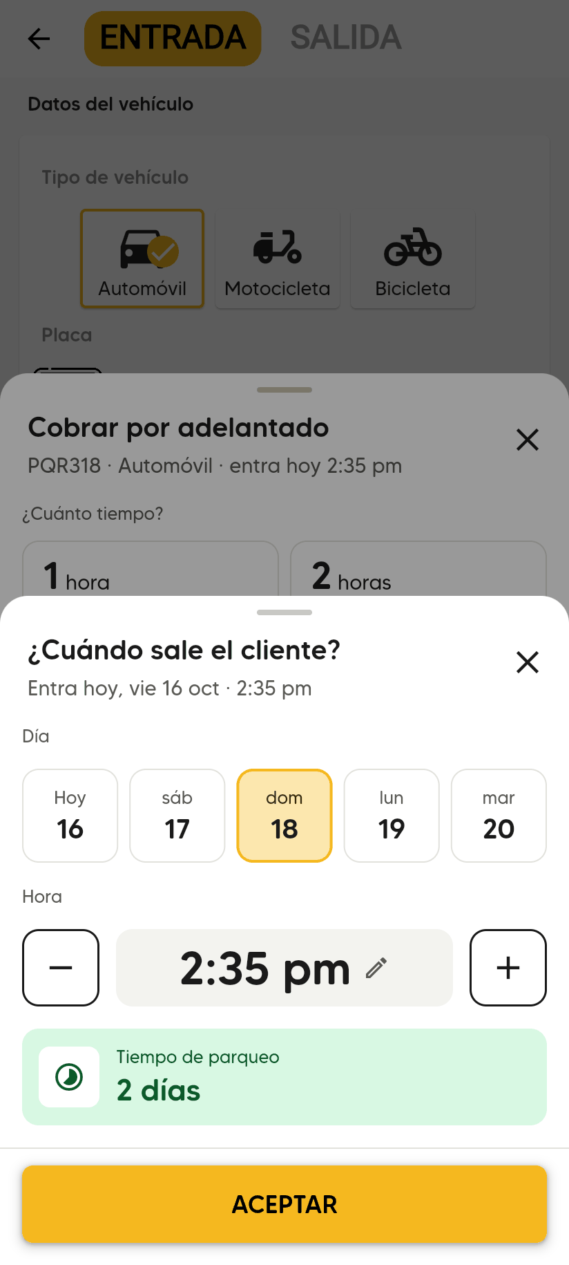Ventana ¿Cuándo sale el cliente? con los días Hoy 16 a mar 20, dom 18 marcado, la hora 1:43 pm con los botones menos y más, Tiempo de parqueo 2 días y ACEPTAR.