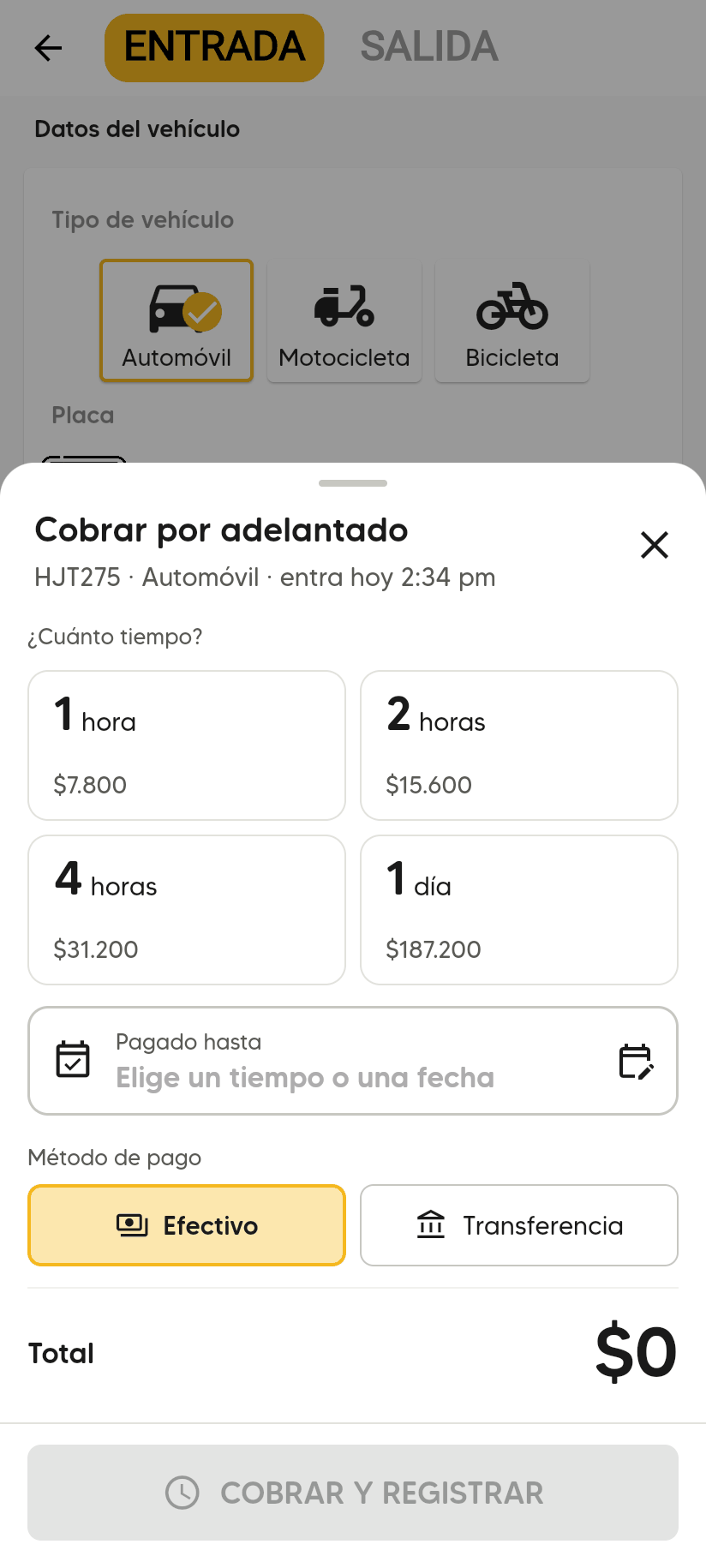 Hoja Cobrar por adelantado con los tiempos 1 hora $7.800, 2 horas $15.600, 4 horas $31.200 y 1 día $187.200, Pagado hasta sin elegir, Método de pago y Total $0.