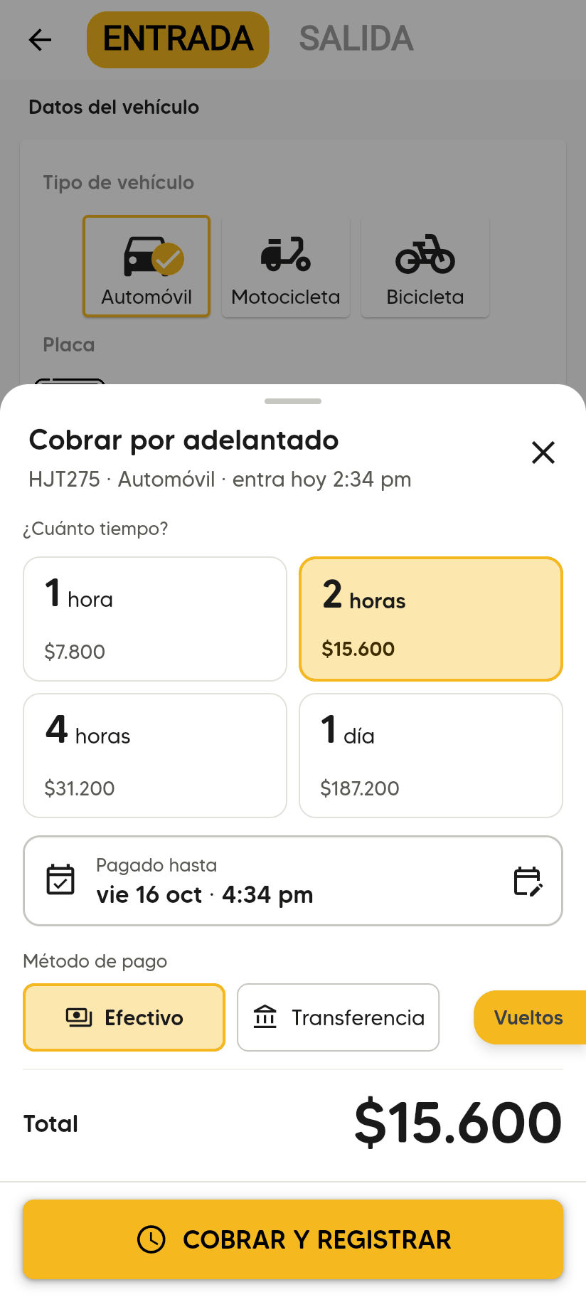 Hoja Cobrar por adelantado con 2 horas marcado, Pagado hasta vie 16 oct 3:43 pm, Efectivo, Vueltos y Total $15.600.