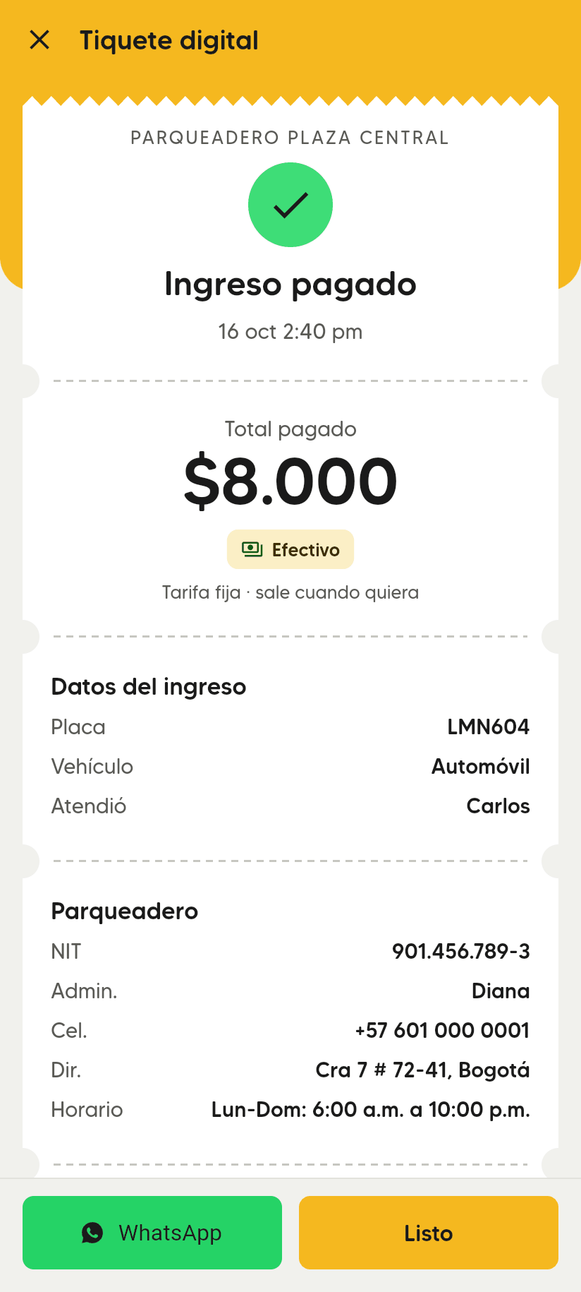 Tiquete digital Ingreso pagado con Total pagado $8.000, Efectivo, Tarifa fija · sale cuando quiera, y los datos del ingreso y del parqueadero.