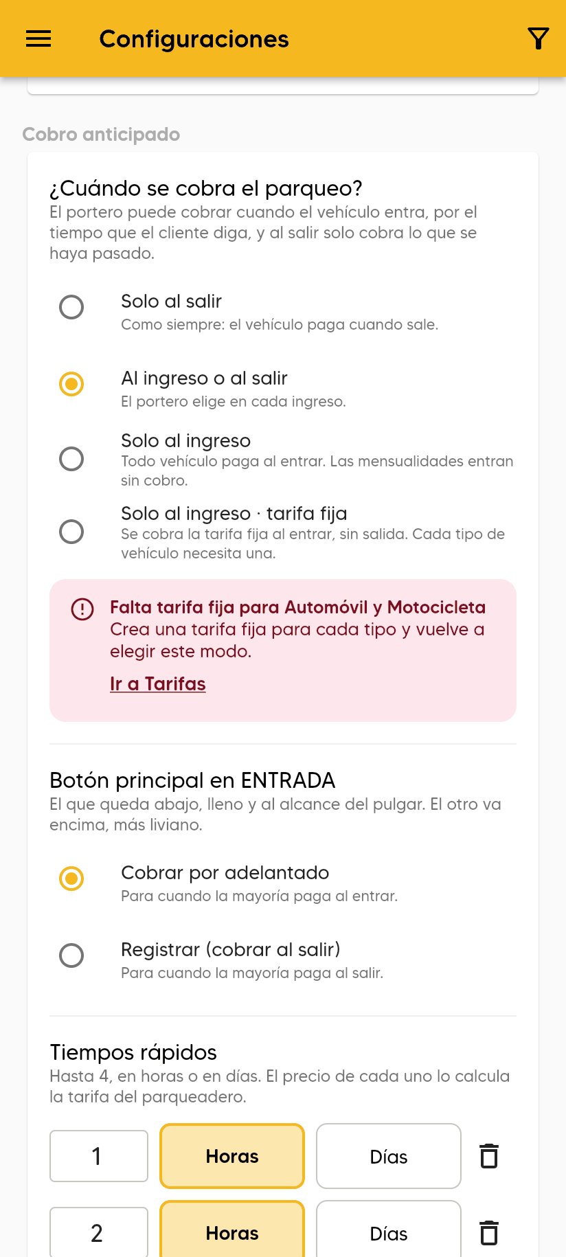 Sección Cobro anticipado con el aviso Falta tarifa fija para Automóvil y Motocicleta. Crea una tarifa fija para cada tipo y vuelve a elegir este modo, y el enlace Ir a Tarifas.