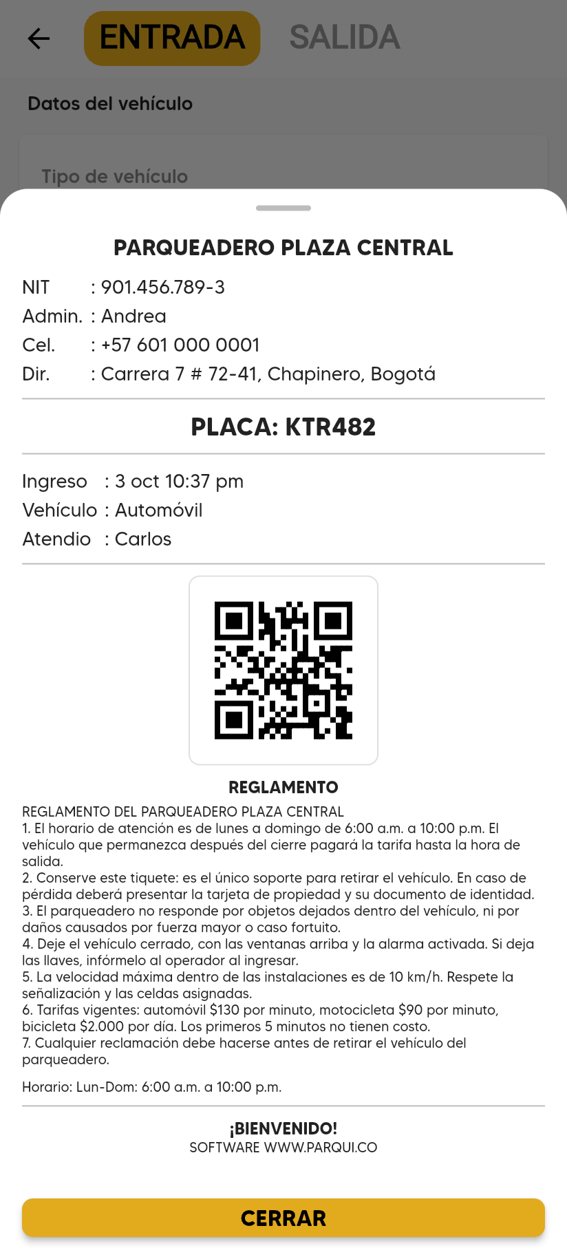 Tiquete digital con los datos del parqueadero, PLACA: KTR482, Ingreso, Vehículo, Atendio, el código QR, el reglamento y el botón CERRAR.
