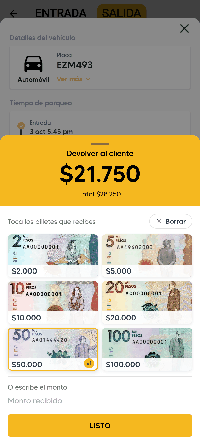 Calculadora Vueltos con un billete de $50.000 seleccionado: arriba, Devolver al cliente muestra el valor a entregar y debajo el Total.