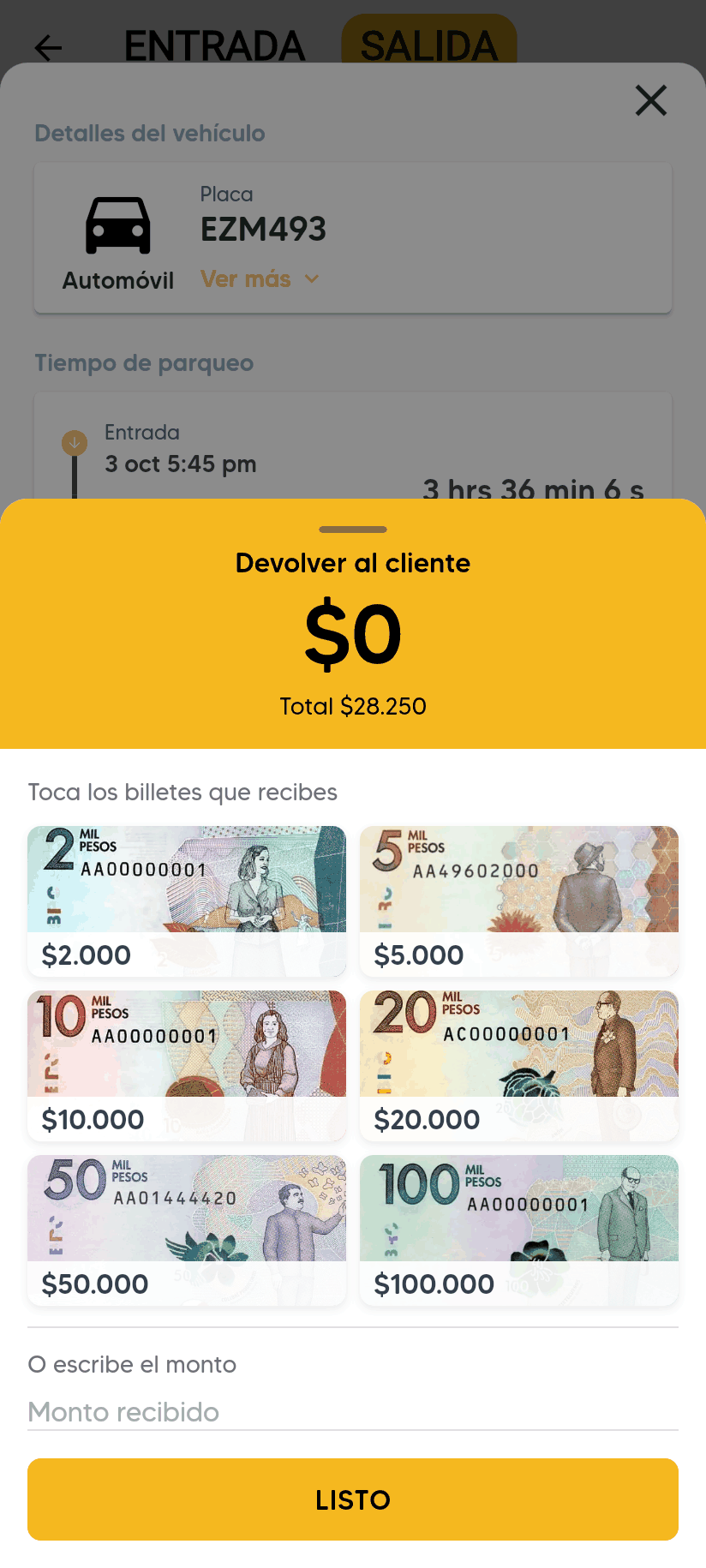 Calculadora Vueltos con Devolver al cliente $0 y el Total a cobrar, los billetes de $2.000 a $100.000, el campo O escribe el monto y el botón LISTO.