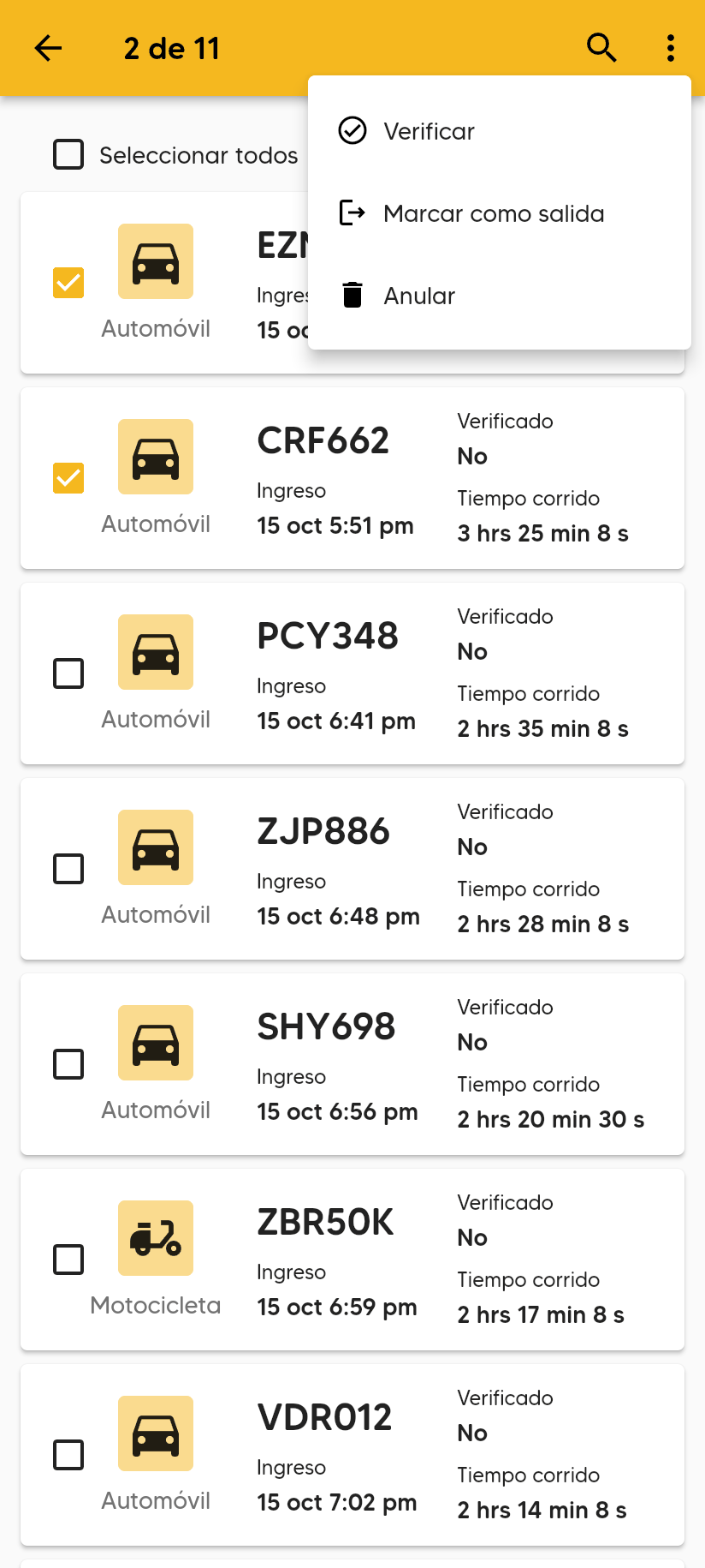 Menú de los tres puntos con Verificar, Marcar como salida y Anular.