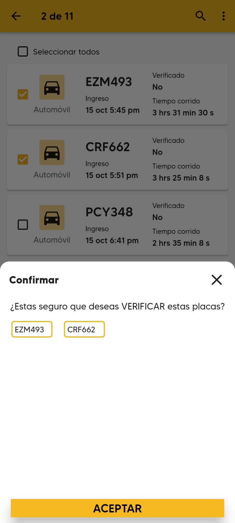 Ventana Confirmar con la pregunta sobre VERIFICAR estas placas, las placas EZM493 y CRF662 y el botón ACEPTAR.