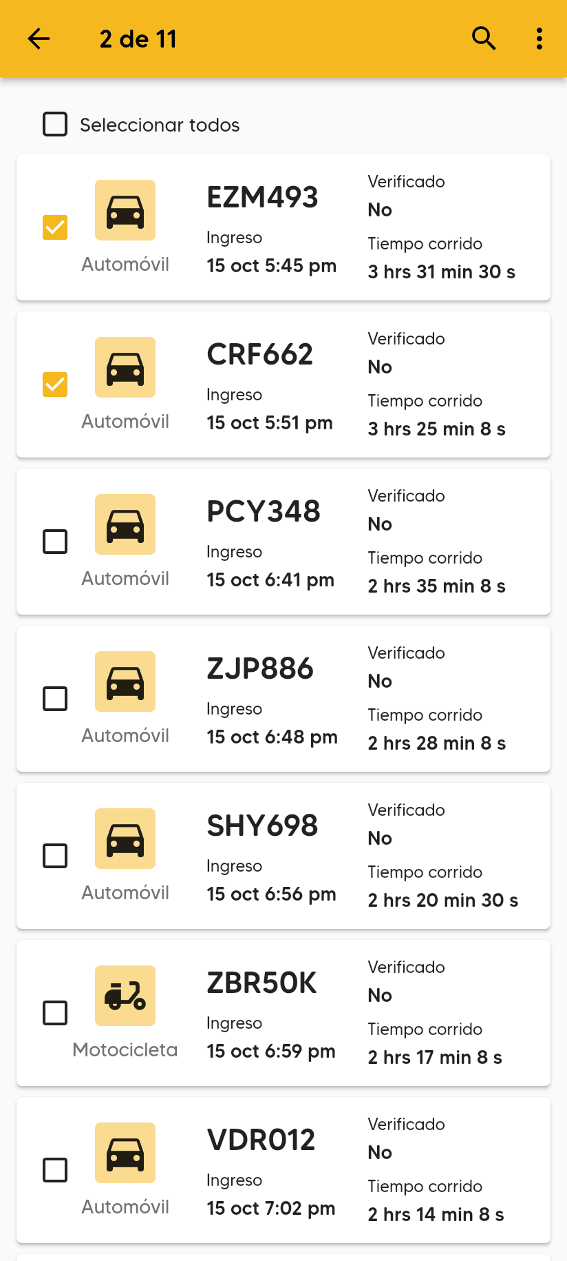 Inspeccionar en modo selección: 2 de 11 arriba, la casilla Seleccionar todos y dos tarjetas marcadas.