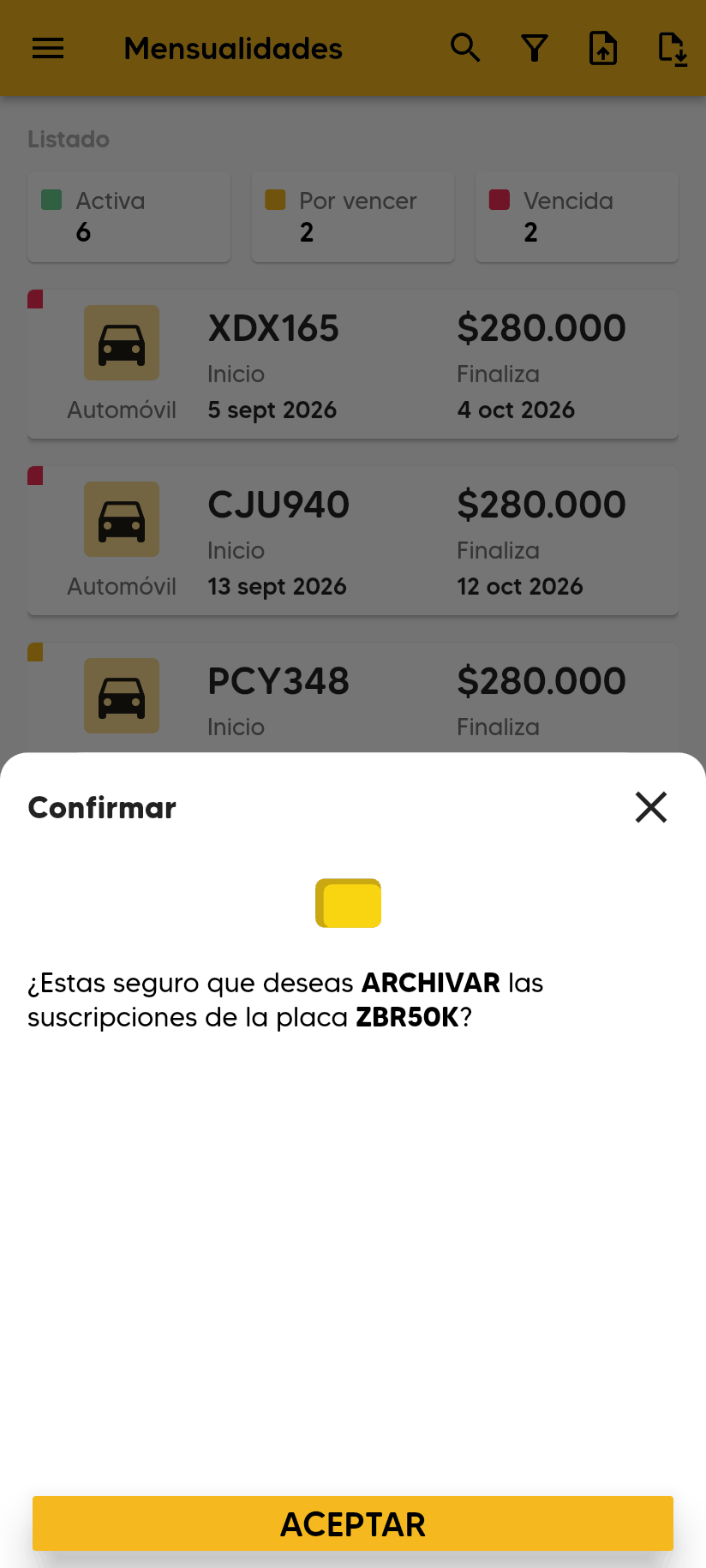 Ventana Confirmar: ¿Estas seguro que deseas ARCHIVAR las suscripciones de la placa ZBR50K?, con el botón ACEPTAR.