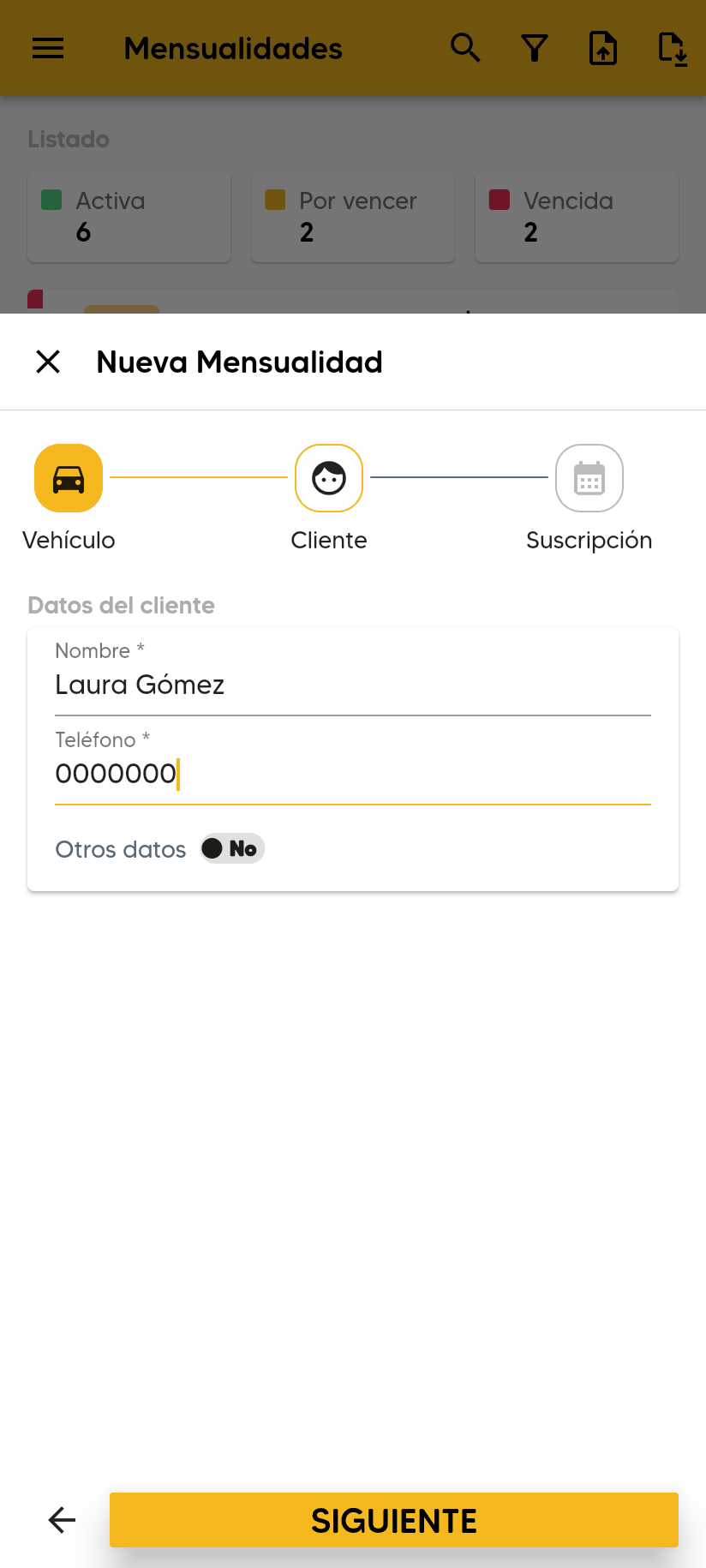 Nueva Mensualidad, paso Cliente: Datos del cliente con Nombre, Teléfono y el interruptor Otros datos.