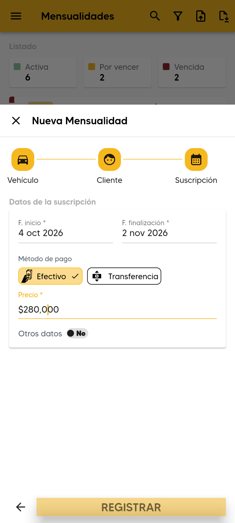 Nueva Mensualidad, paso Suscripción: F. inicio, F. finalización, Método de pago, Precio y el botón REGISTRAR.