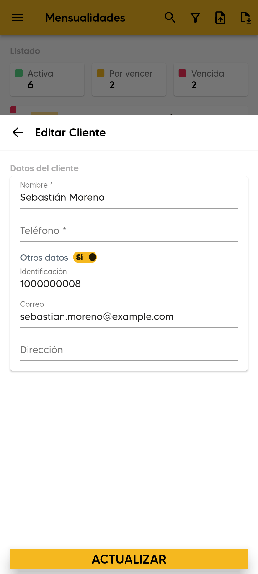 Formulario Editar Cliente con Nombre, Teléfono, Otros datos con Identificación y Correo, Dirección y el botón ACTUALIZAR.