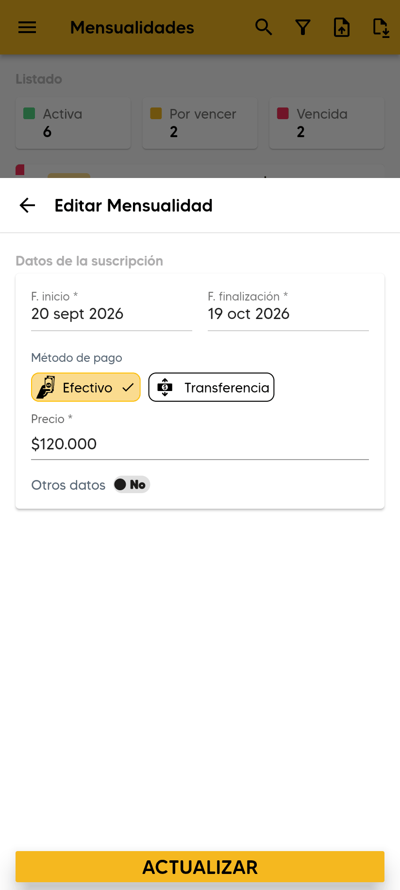 Formulario Editar Mensualidad con F. inicio, F. finalización, Método de pago Efectivo o Transferencia, Precio, Otros datos y el botón ACTUALIZAR.