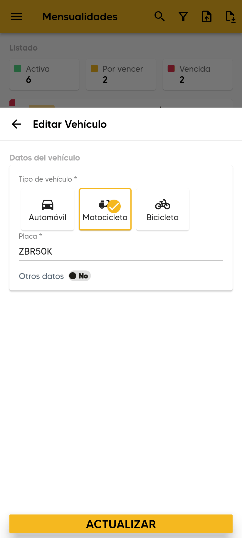 Formulario Editar Vehículo con el tipo de vehículo (Automóvil, Motocicleta, Bicicleta), la Placa, Otros datos y el botón ACTUALIZAR.
