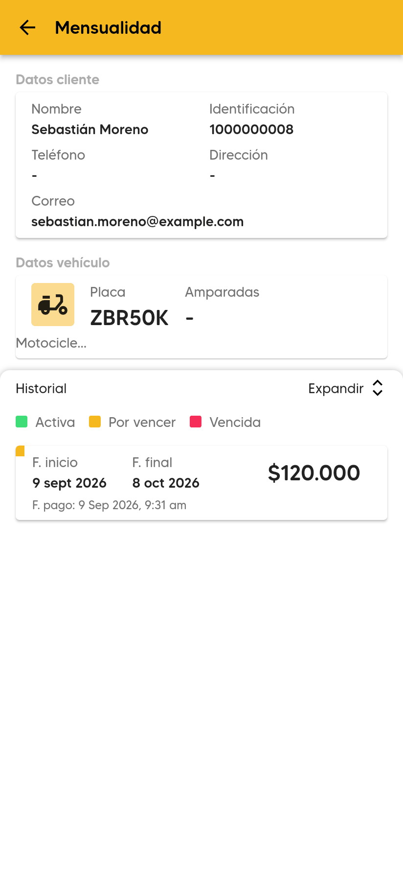 Pantalla Mensualidad con Datos cliente, Datos vehículo y el Historial de periodos con F. inicio, F. final, el precio y F. pago.