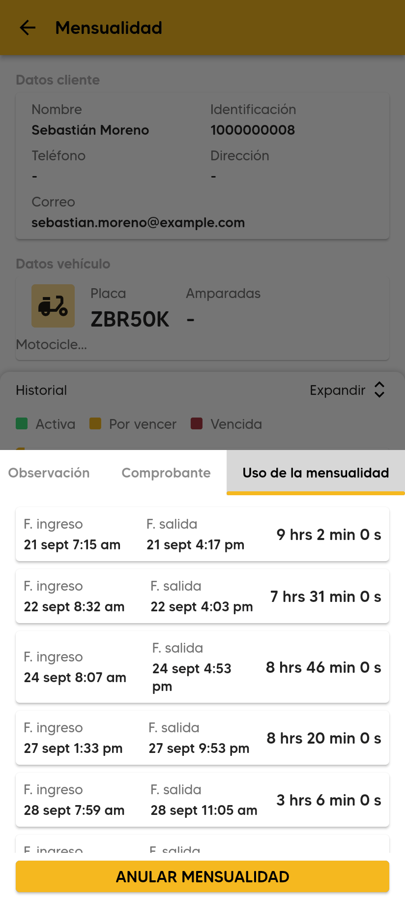 Pestaña Uso de la mensualidad con cada entrada y salida del periodo: F. ingreso, F. salida y el tiempo.