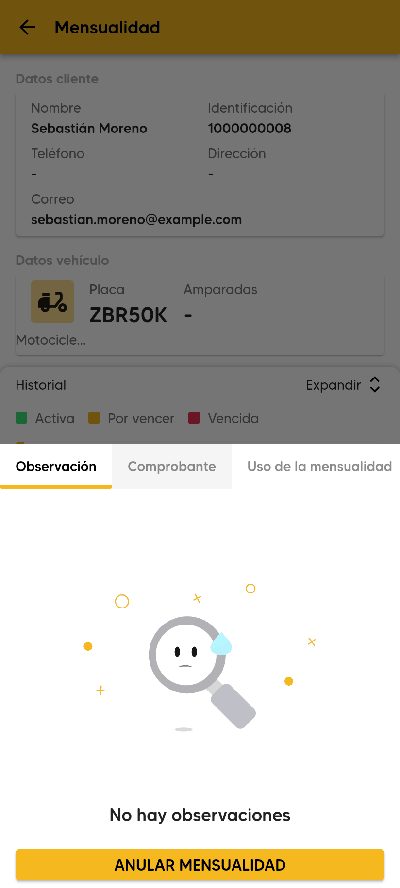 Periodo abierto en el detalle de la mensualidad con las pestañas Observación, Comprobante y Uso de la mensualidad; en Observación dice No hay observaciones.