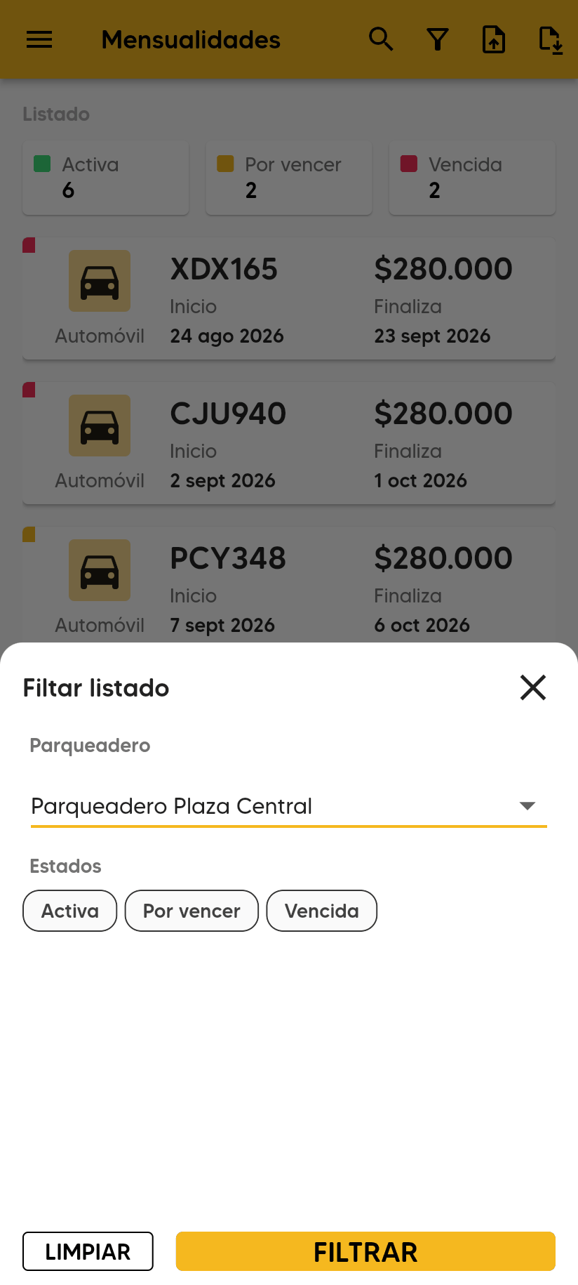 Ventana Filtrar listado con el Parqueadero, los Estados Activa, Por vencer y Vencida y los botones LIMPIAR y FILTRAR.