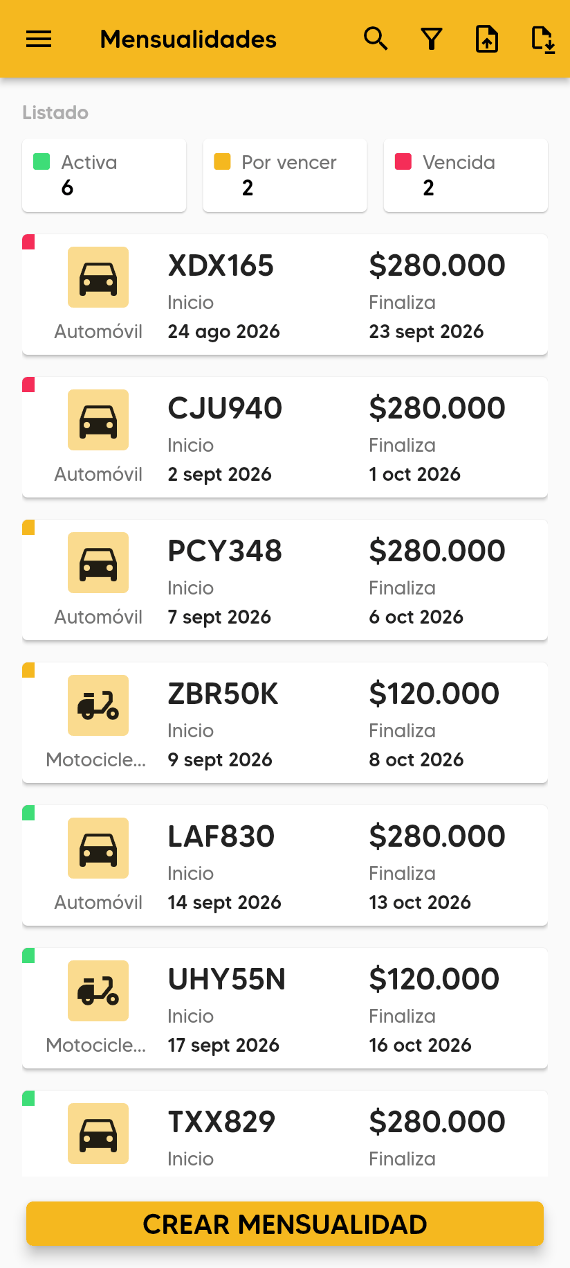 Pantalla Mensualidades con las cifras Activa, Por vencer y Vencida, tarjetas con la placa, el tipo de vehículo, Inicio, Finaliza y el precio, y el botón CREAR MENSUALIDAD.