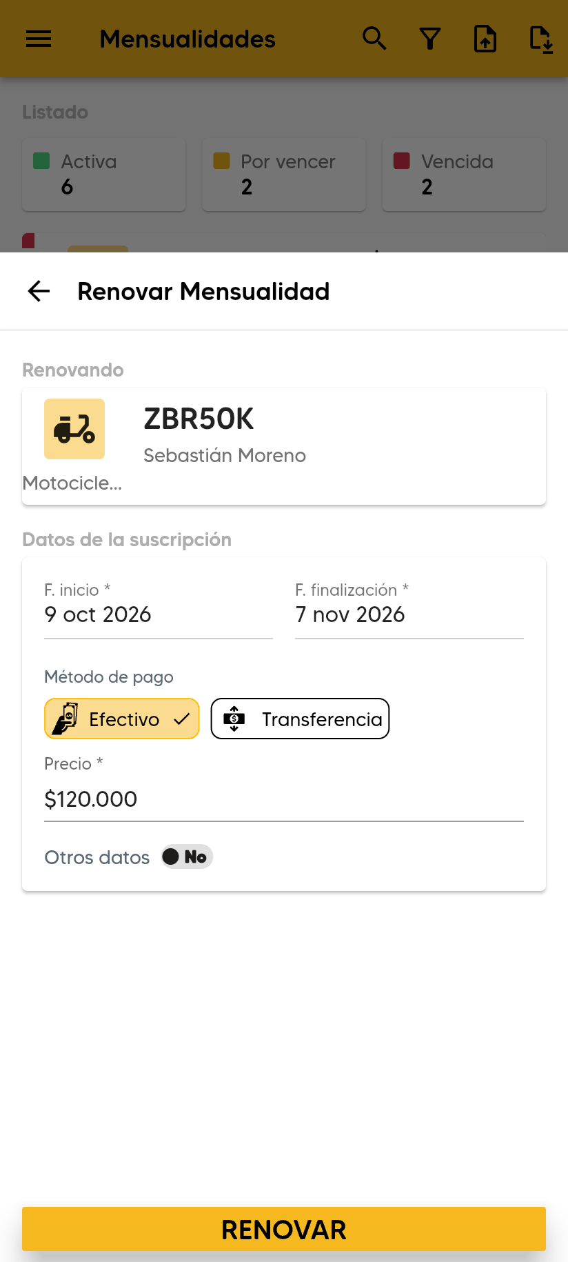 Renovar Mensualidad con la tarjeta Renovando (placa, amparadas y cliente), las fechas del nuevo periodo, el método de pago, el precio y el botón RENOVAR.