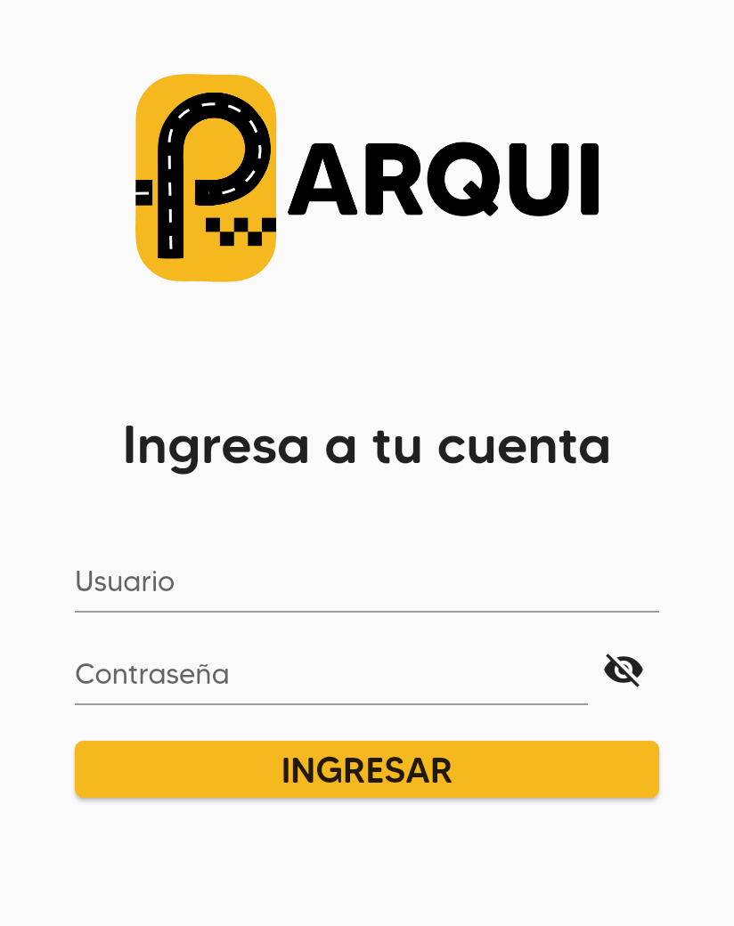 Pantalla Ingresa a tu cuenta de Parqui con los campos Usuario y Contraseña y el botón INGRESAR.