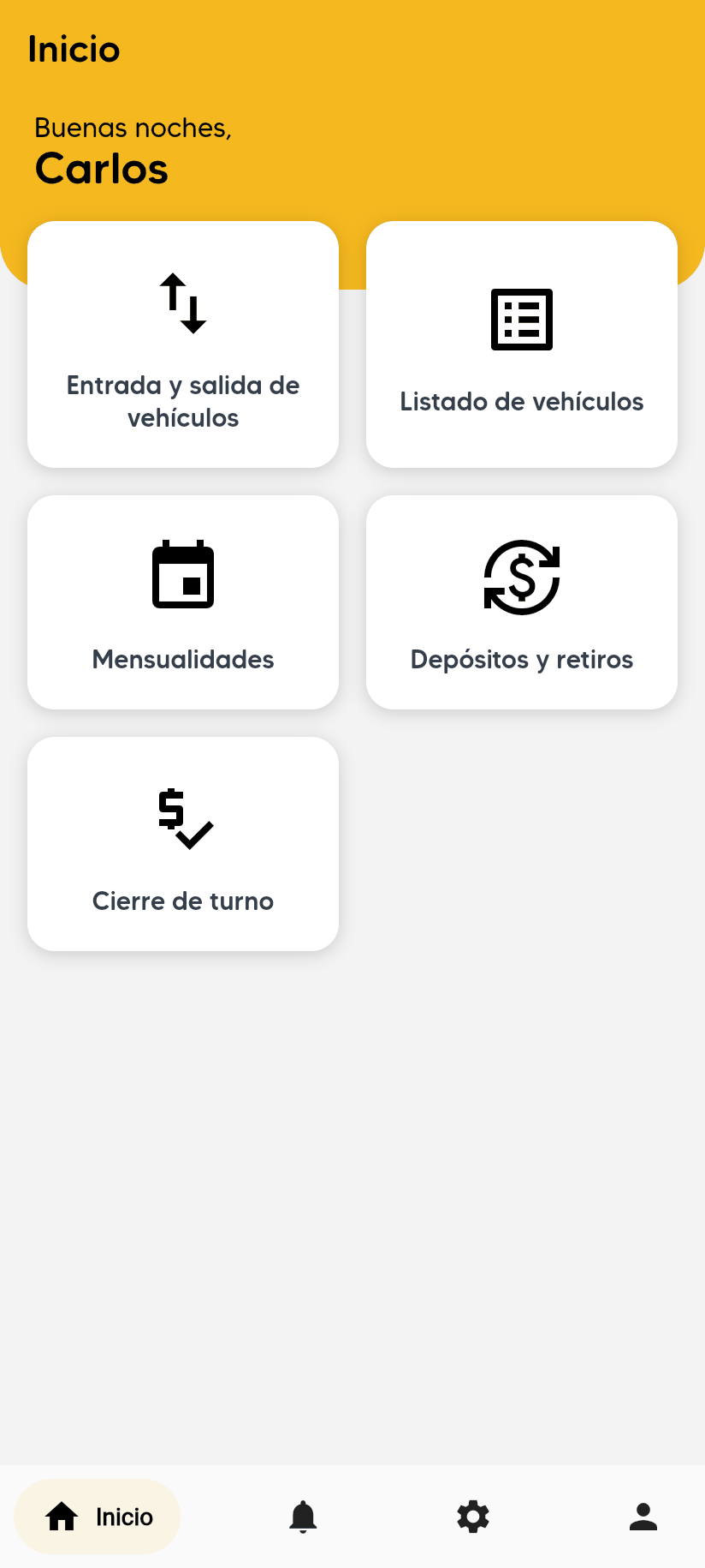 Inicio del operador con el saludo y las opciones Entrada y salida de vehículos, Listado de vehículos, Mensualidades, Depósitos y retiros y Cierre de turno.