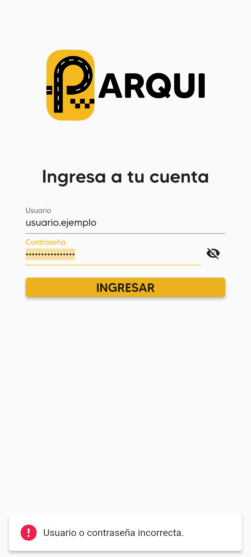Pantalla de inicio de sesión con el mensaje de error Usuario o contraseña incorrecta en la parte inferior.