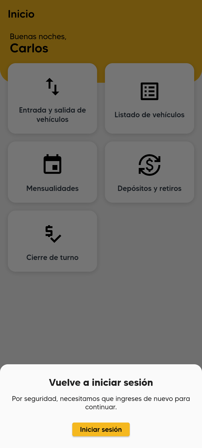 Aviso Vuelve a iniciar sesión en la parte inferior del Inicio, con el texto Por seguridad, necesitamos que ingreses de nuevo para continuar y el botón Iniciar sesión.