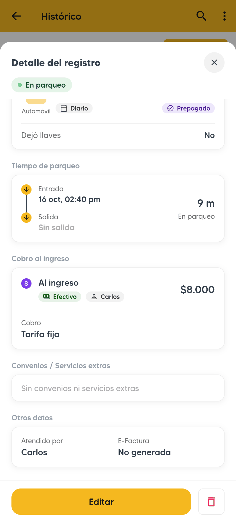 Detalle del registro de LMN604 En parqueo, Prepagado, Salida Sin salida, y Cobro al ingreso: Al ingreso Efectivo $8.000, Cobro Tarifa fija.