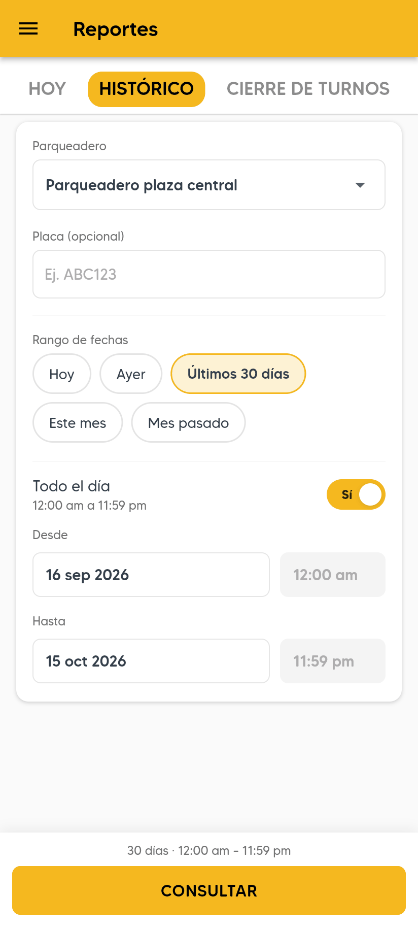 Pestaña HISTÓRICO con Parqueadero, Placa (opcional), los atajos de Rango de fechas con Últimos 30 días elegido, Todo el día en Sí, Desde, Hasta y el botón CONSULTAR.