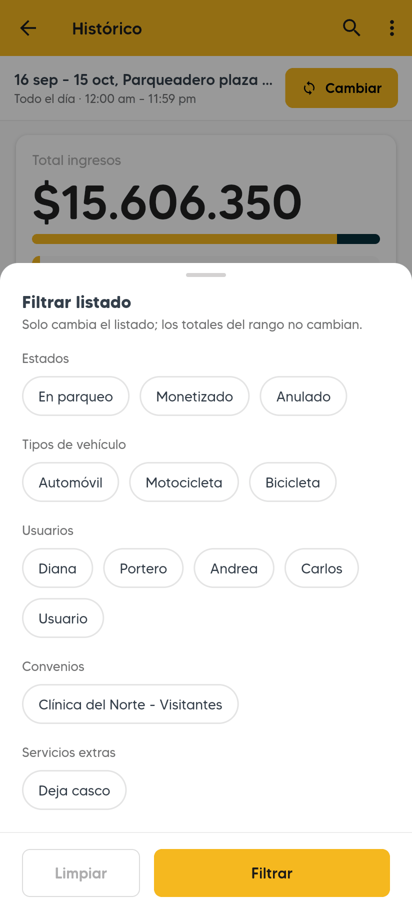 Panel Filtrar listado con el texto Solo cambia el listado; los totales del rango no cambian, y los grupos Estados, Tipos de vehículo, Usuarios, Convenios y Servicios extras.