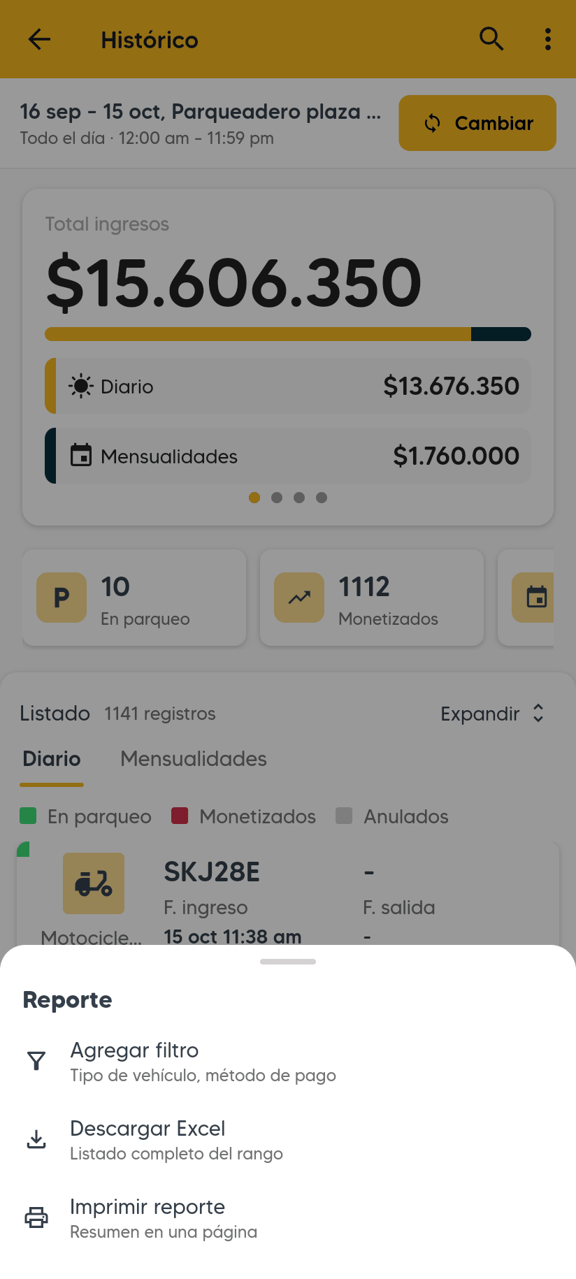 Menú Reporte en el celular con las opciones Agregar filtro, Descargar Excel (Listado completo del rango) e Imprimir reporte (Resumen en una página).
