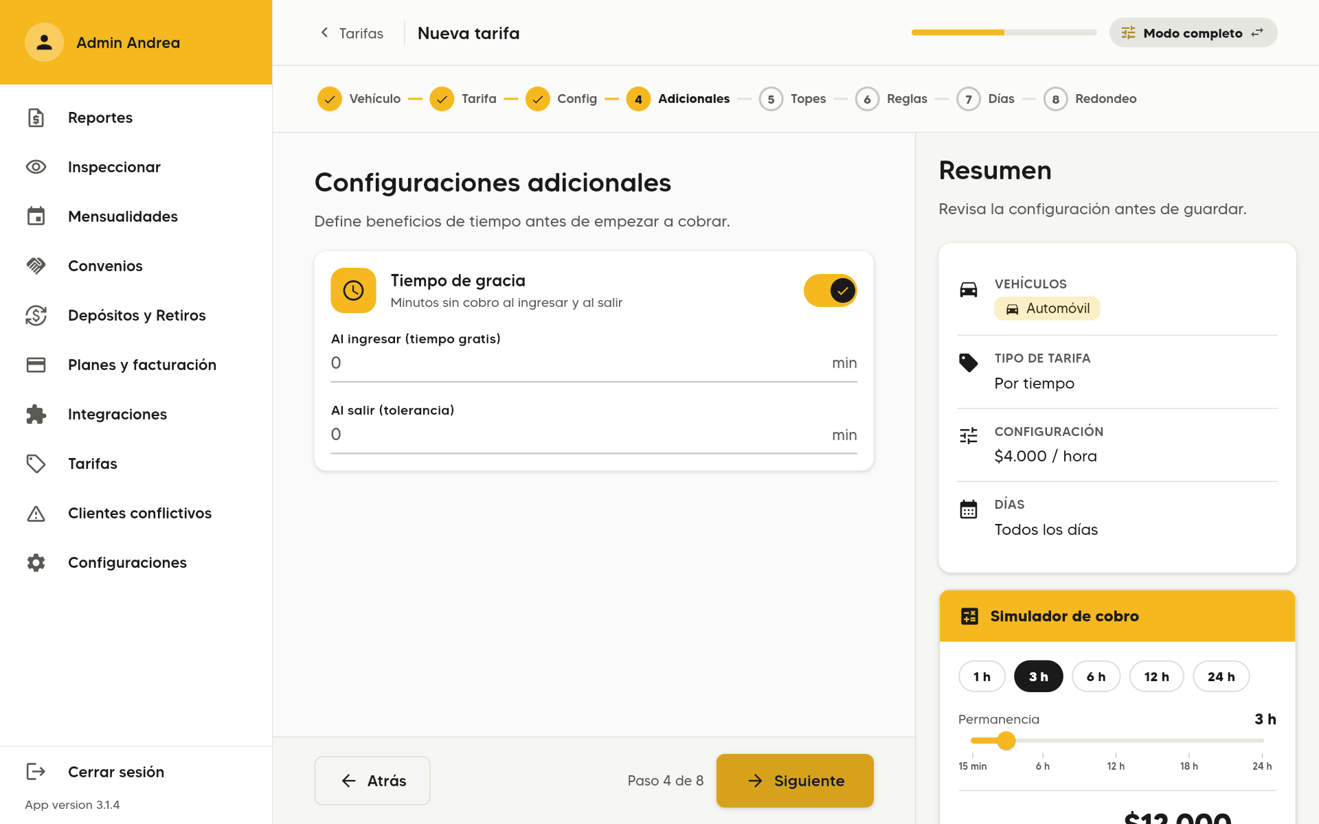 Paso 4 de 9, Configuraciones adicionales, con Tiempo de gracia activado y los campos Al ingresar (tiempo gratis) y Al salir (tolerancia) en minutos. En un computador.