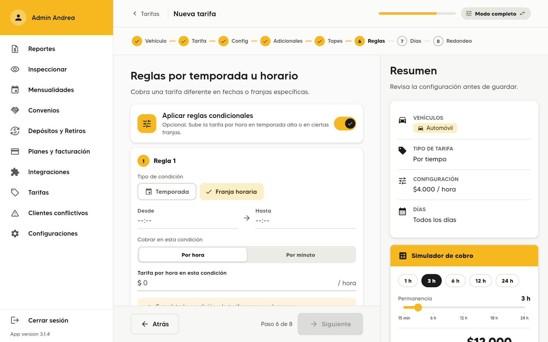 Paso 6 de 9, Reglas por temporada u horario, con Aplicar reglas condicionales activado y la Regla 1: Temporada o Franja horaria, Desde, Hasta, Por hora o Por minuto y la tarifa en esa condición. En un computador.