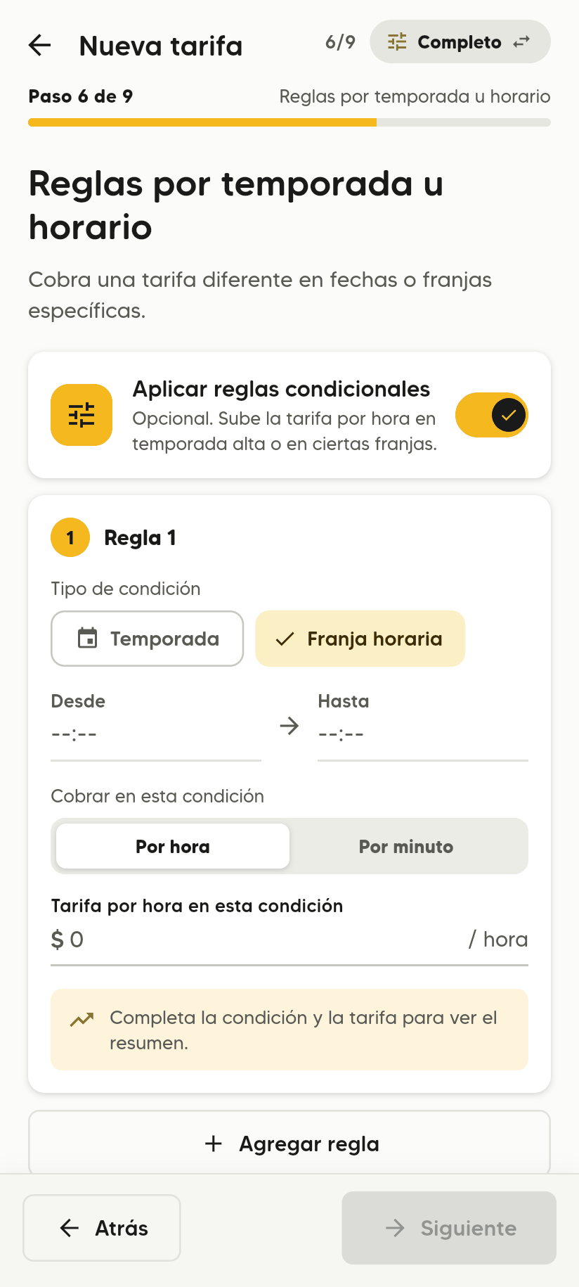Paso 6 de 9, Reglas por temporada u horario, con Aplicar reglas condicionales activado y la Regla 1: Temporada o Franja horaria, Desde, Hasta, Por hora o Por minuto y la tarifa en esa condición.