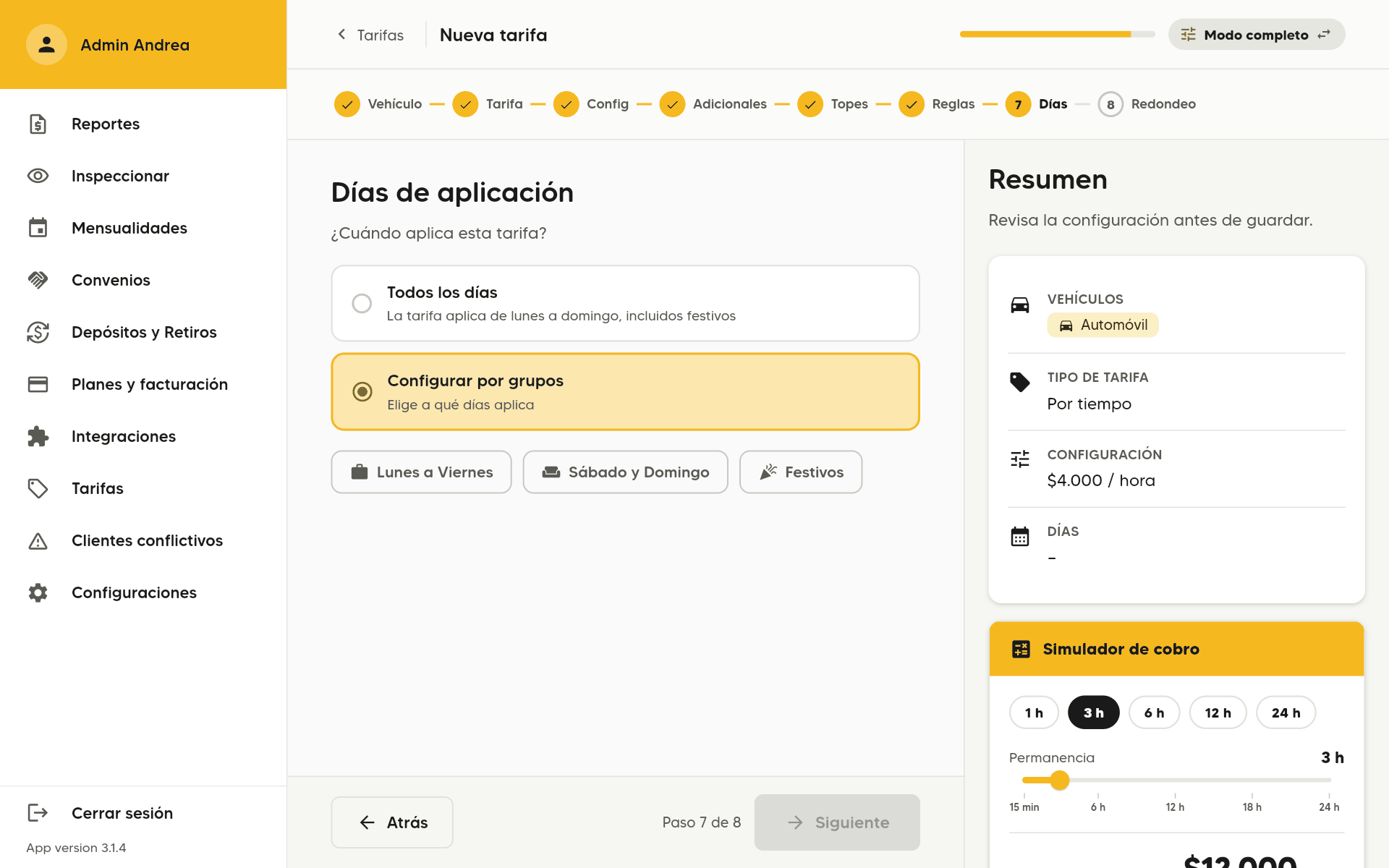 Paso 7 de 9, Días de aplicación, con Configurar por grupos elegido y los grupos Lunes a Viernes, Sábado y Domingo y Festivos. En un computador.