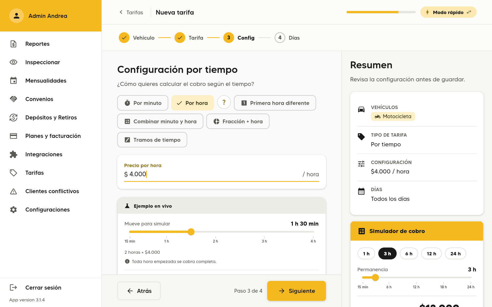 Configuración por tiempo en un computador con el modo Por hora a $4.000; a la derecha, el Resumen y el Simulador de cobro.