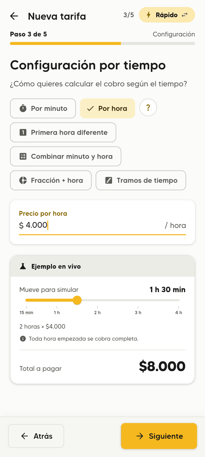 Configuración por tiempo con el modo Por hora seleccionado, Precio por hora $4.000 y el Ejemplo en vivo: 1 h 30 min, 2 horas × $4.000, Total a pagar $8.000.