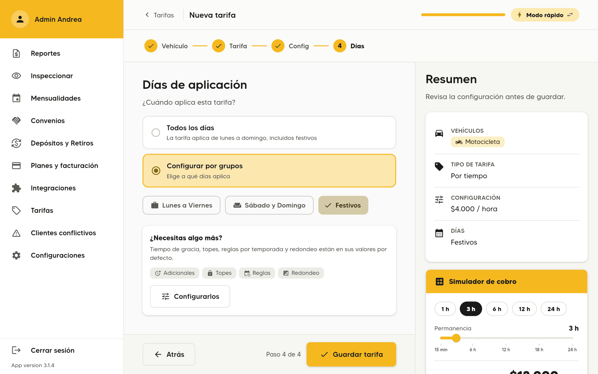 Días de aplicación con Configurar por grupos seleccionado y el grupo Festivos marcado; debajo, el aviso ¿Necesitas algo más? con el botón Configurarlos. En un computador.