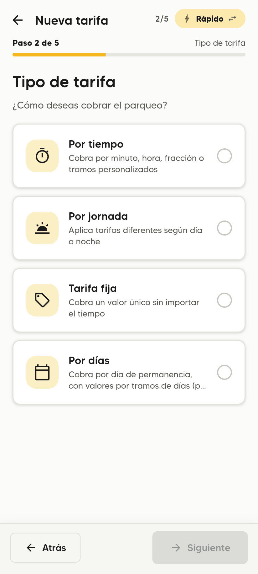 Paso Tipo de tarifa con las tarjetas Por tiempo, Por jornada, Tarifa fija y Por días, cada una con su descripción.