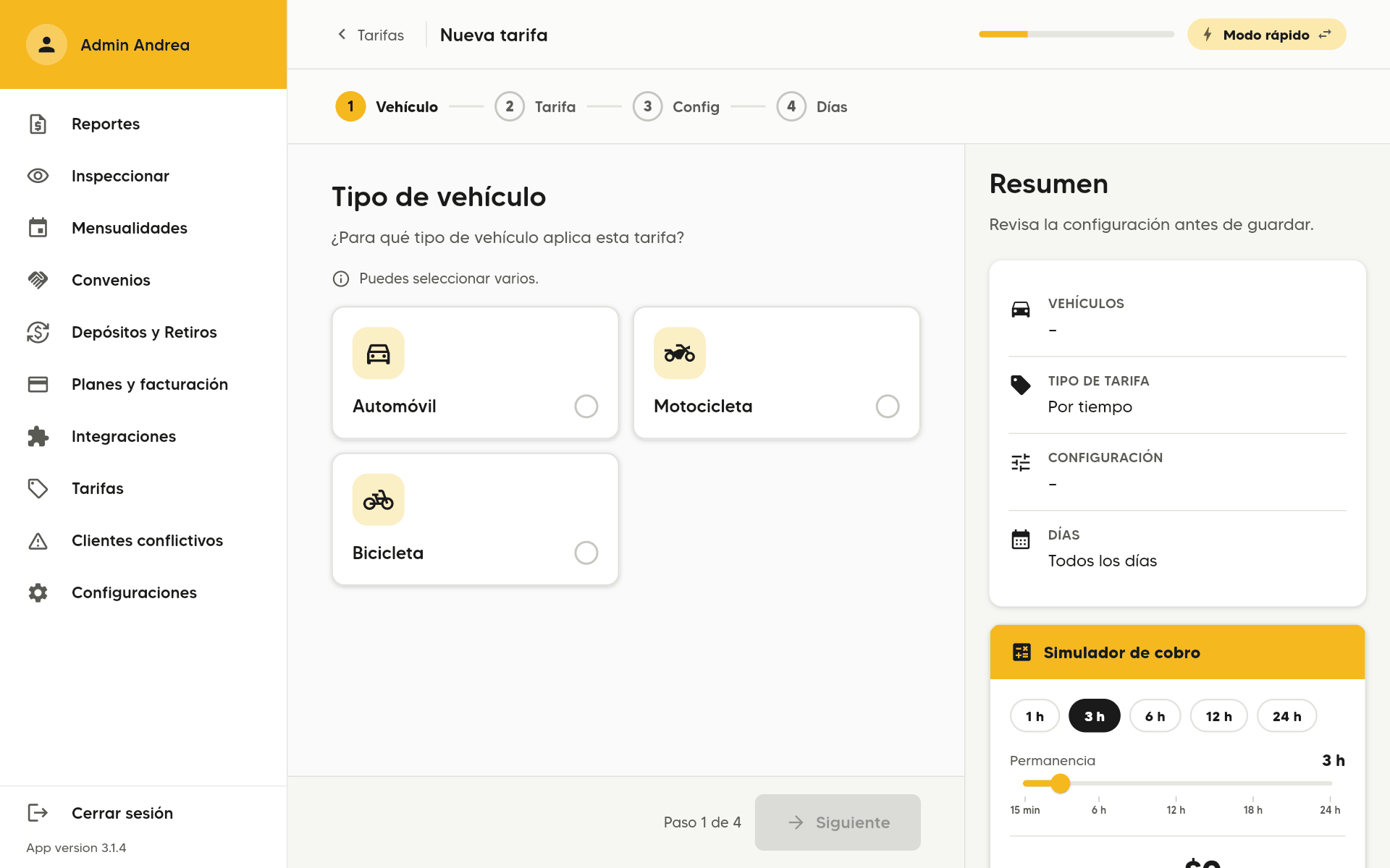Paso 1 de 5, Tipo de vehículo: ¿Para qué tipo de vehículo aplica esta tarifa? con las opciones Automóvil, Motocicleta y Bicicleta. En un computador.