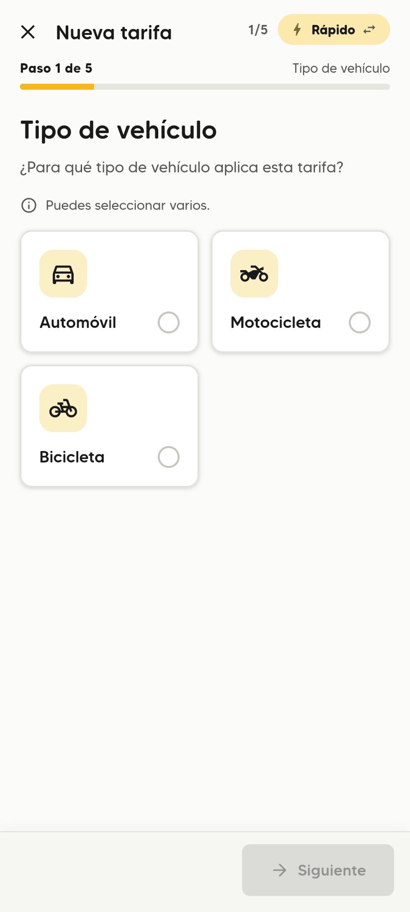 Paso 1 de 5, Tipo de vehículo: ¿Para qué tipo de vehículo aplica esta tarifa? con las opciones Automóvil, Motocicleta y Bicicleta.