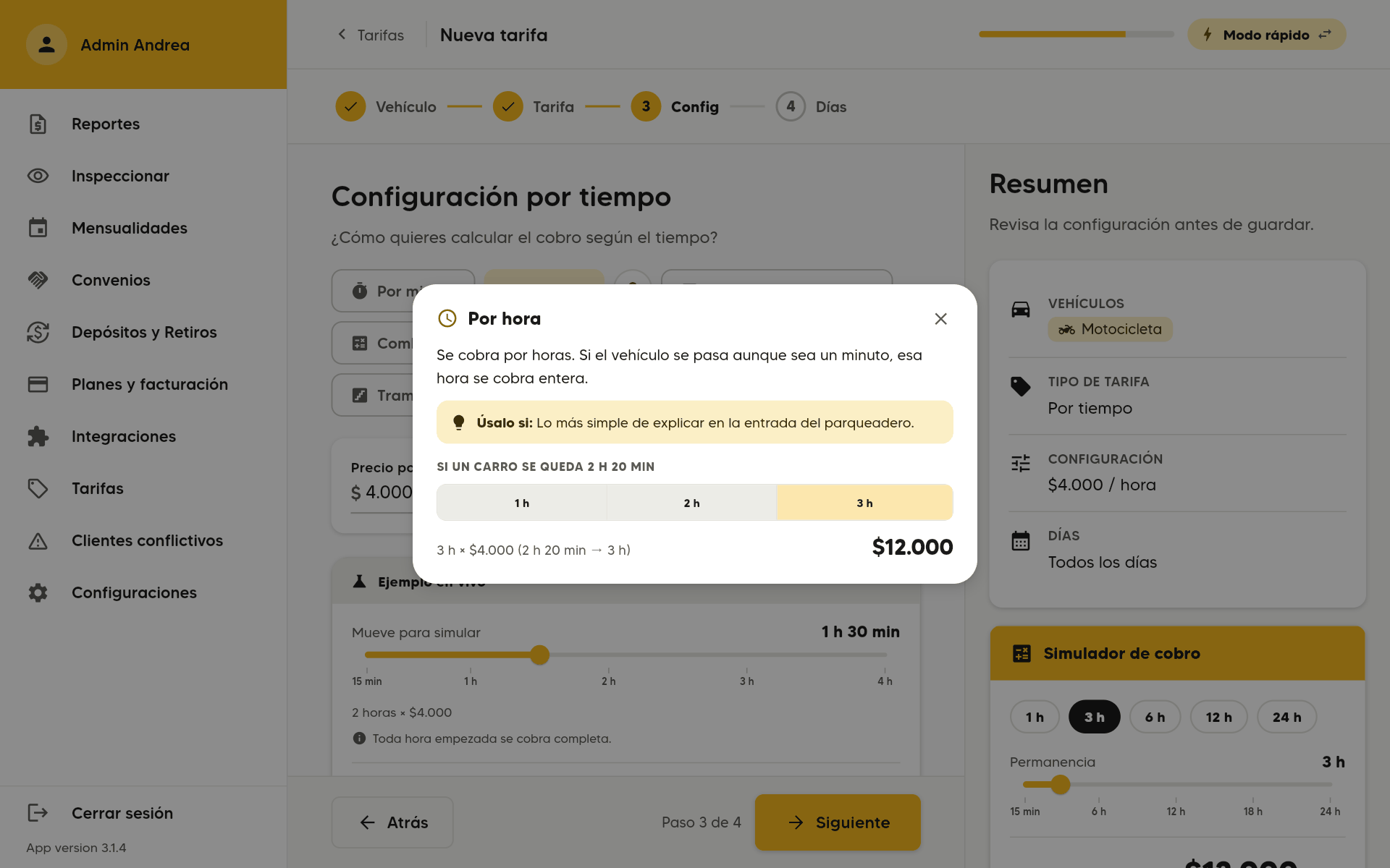 Explicación de Por hora: Se cobra por horas. Si el vehículo se pasa aunque sea un minuto, esa hora se cobra entera. Úsalo si: Lo más simple de explicar en la entrada del parqueadero. Ejemplo: 3 h × $4.000 (2 h 20 min → 3 h), $12.000. En un computador.