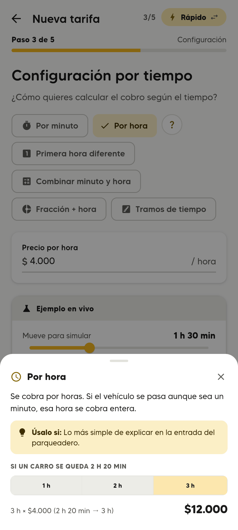 Explicación de Por hora: Se cobra por horas. Si el vehículo se pasa aunque sea un minuto, esa hora se cobra entera. Úsalo si: Lo más simple de explicar en la entrada del parqueadero. Ejemplo: 3 h × $4.000 (2 h 20 min → 3 h), $12.000.