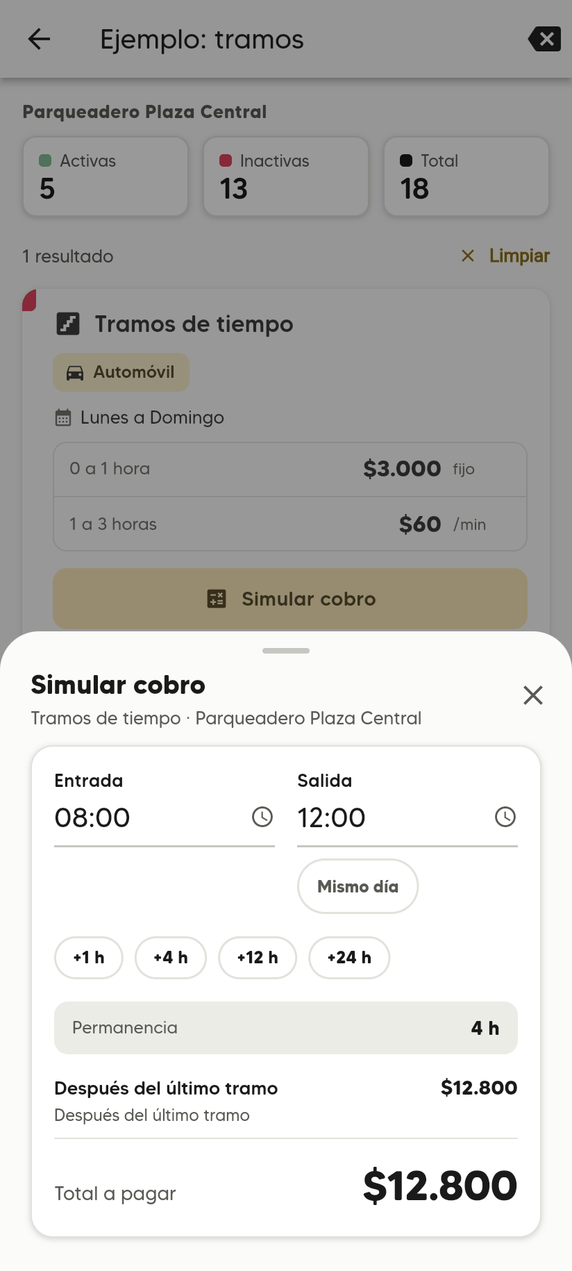 Simular cobro con salida a las 12:00: Permanencia 4 h, Después del último tramo $12.800, Total a pagar $12.800.