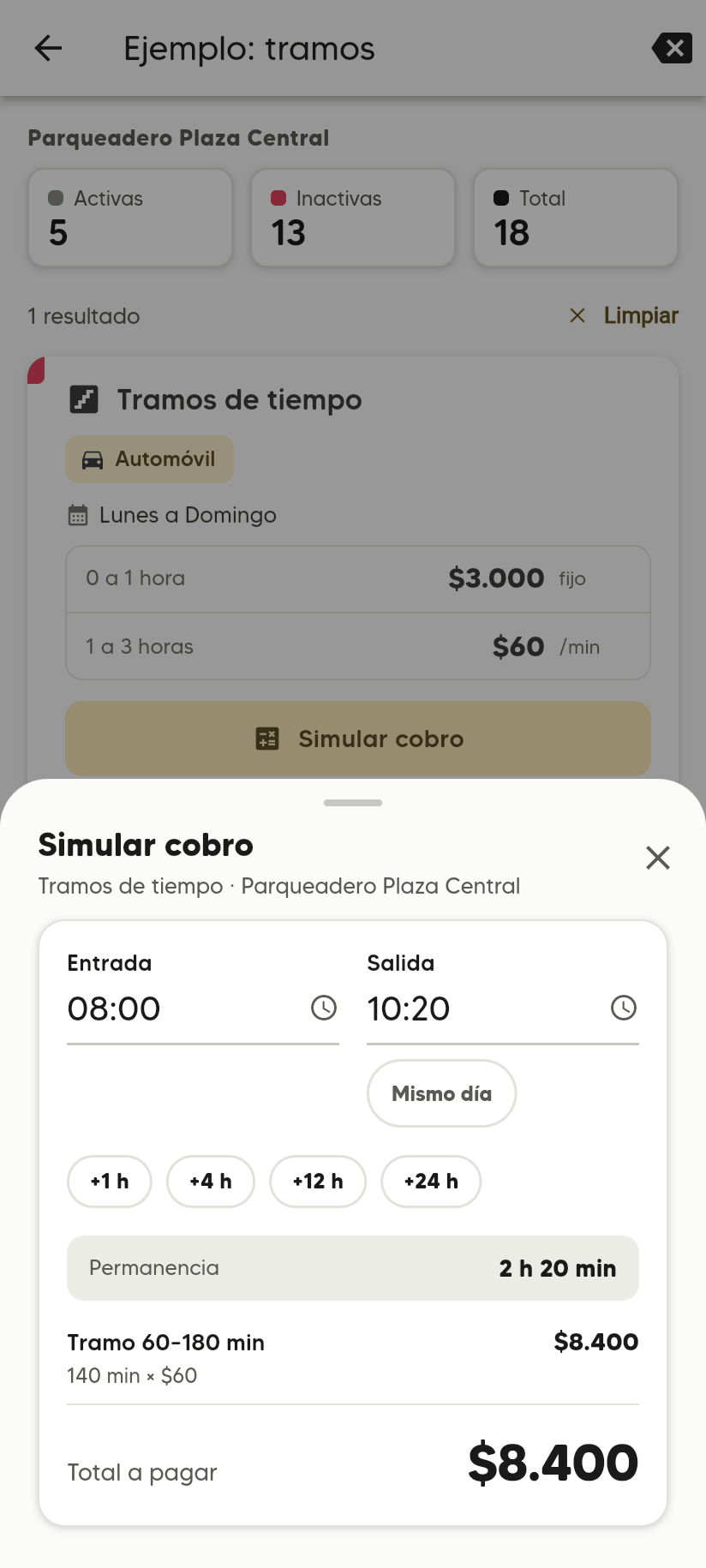 Simular cobro de Tramos de tiempo: permanencia 2 h 20 min, Tramo 60–180 min 140 min × $60, Total a pagar $8.400.
