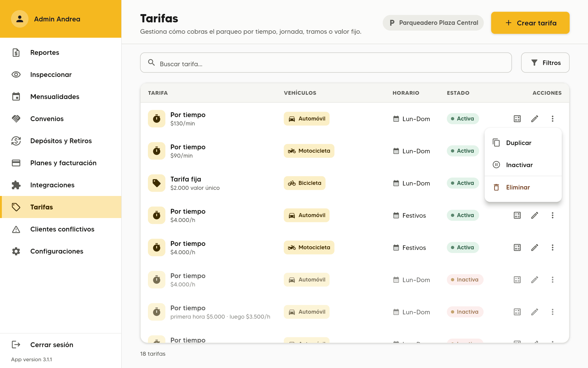 Listado de tarifas en un computador con el menú Más opciones abierto: Duplicar, Inactivar y Eliminar.