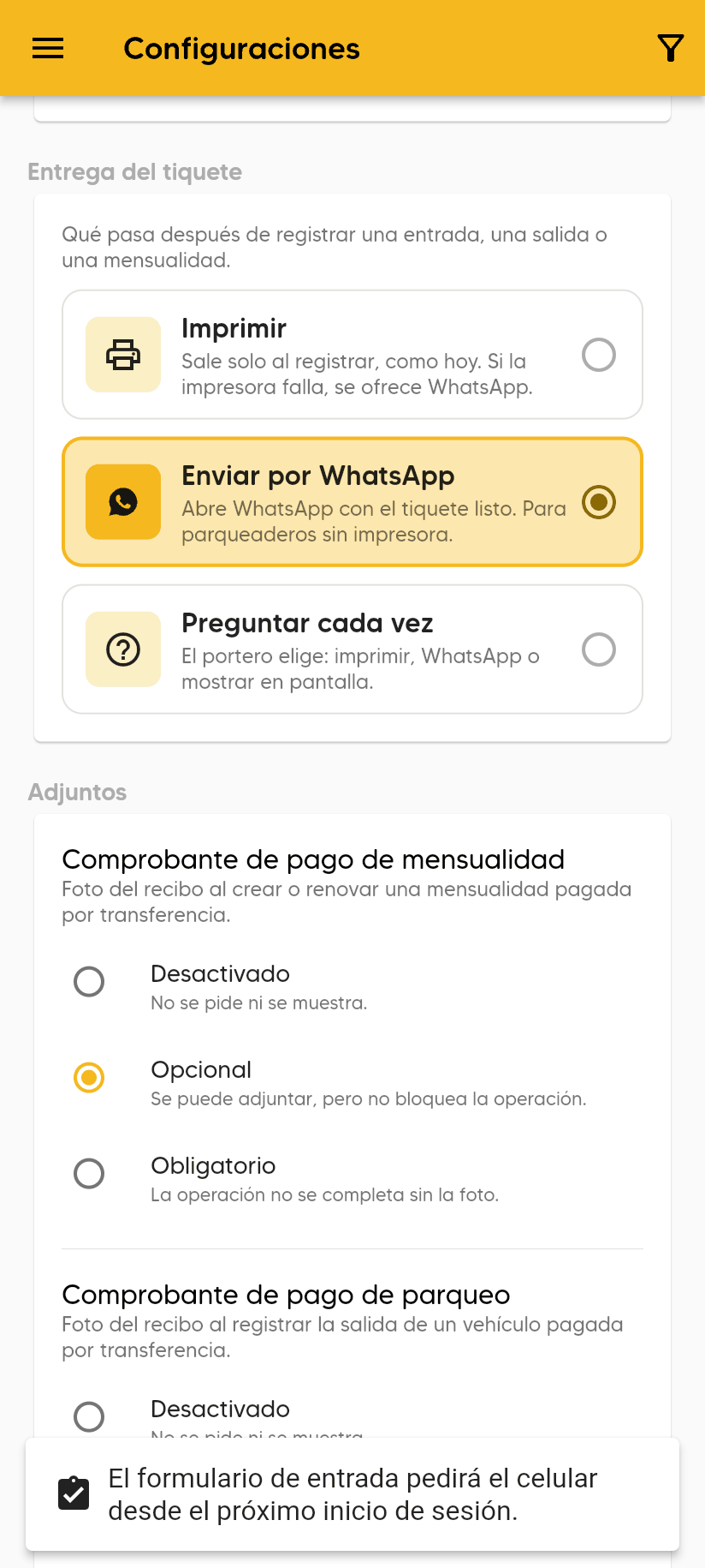 Entrega del tiquete con Enviar por WhatsApp marcada y el mensaje El formulario de entrada pedirá el celular desde el próximo inicio de sesión.